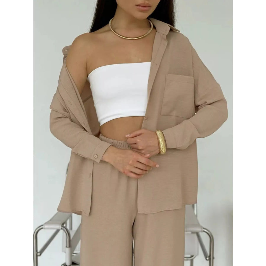 Relaxed Fit Shirt and Wide Leg Pants Set Khaki / S Apparel and Accessories