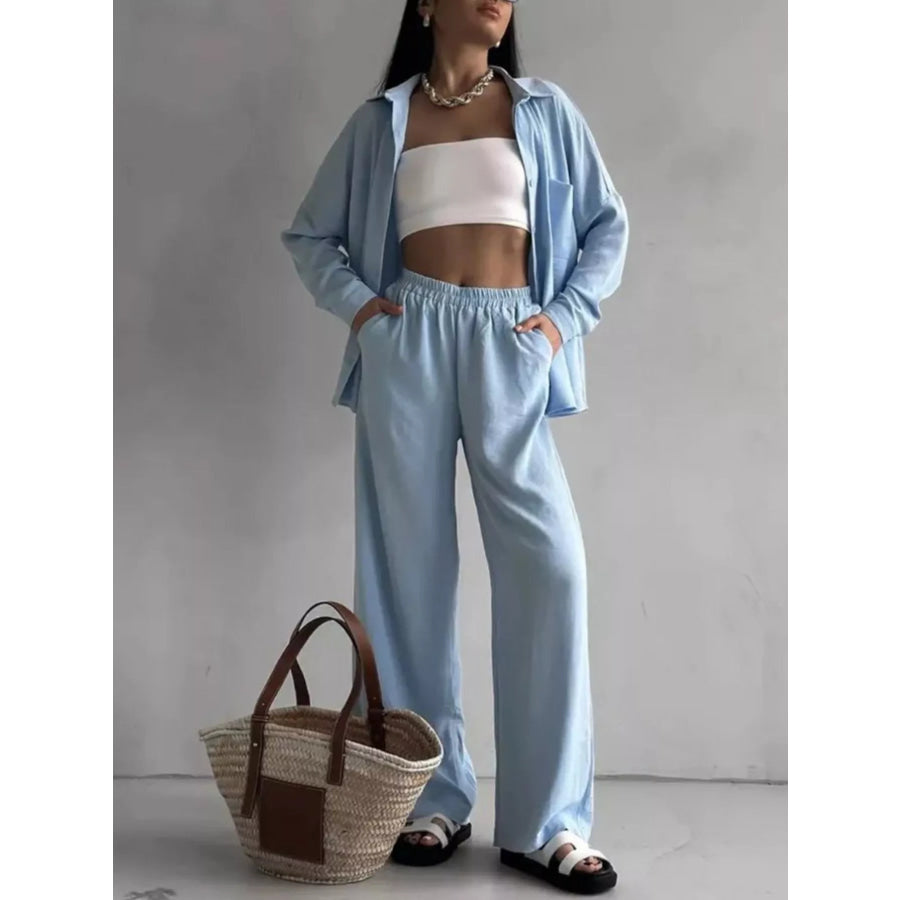 Relaxed Fit Shirt and Wide Leg Pants Set Light Blue / S Apparel and Accessories