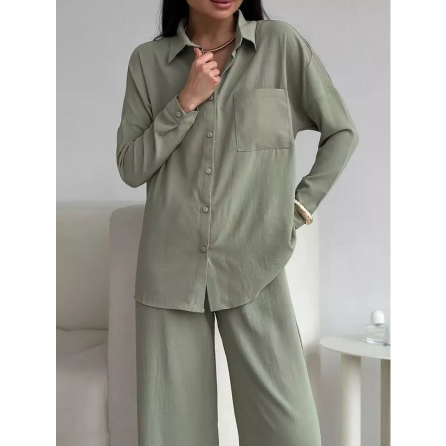 Relaxed Fit Shirt and Wide Leg Pants Set Sage / S Apparel and Accessories