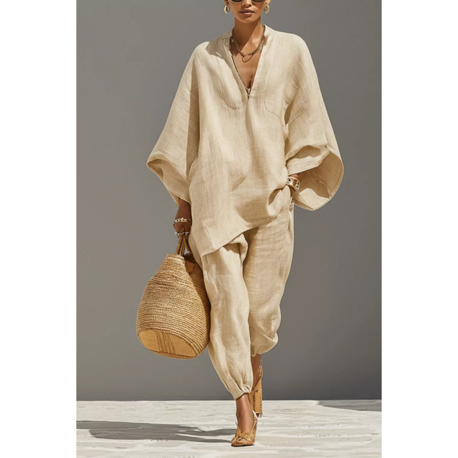 Relaxed Fit Top and Pants Two-Piece Set Beige / S Apparel and Accessories