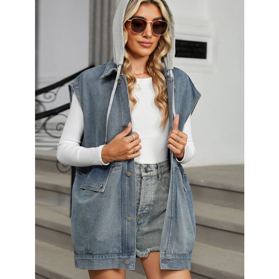 Removable Hood Button Up Cap Sleeve Denim Jacket Apparel and Accessories