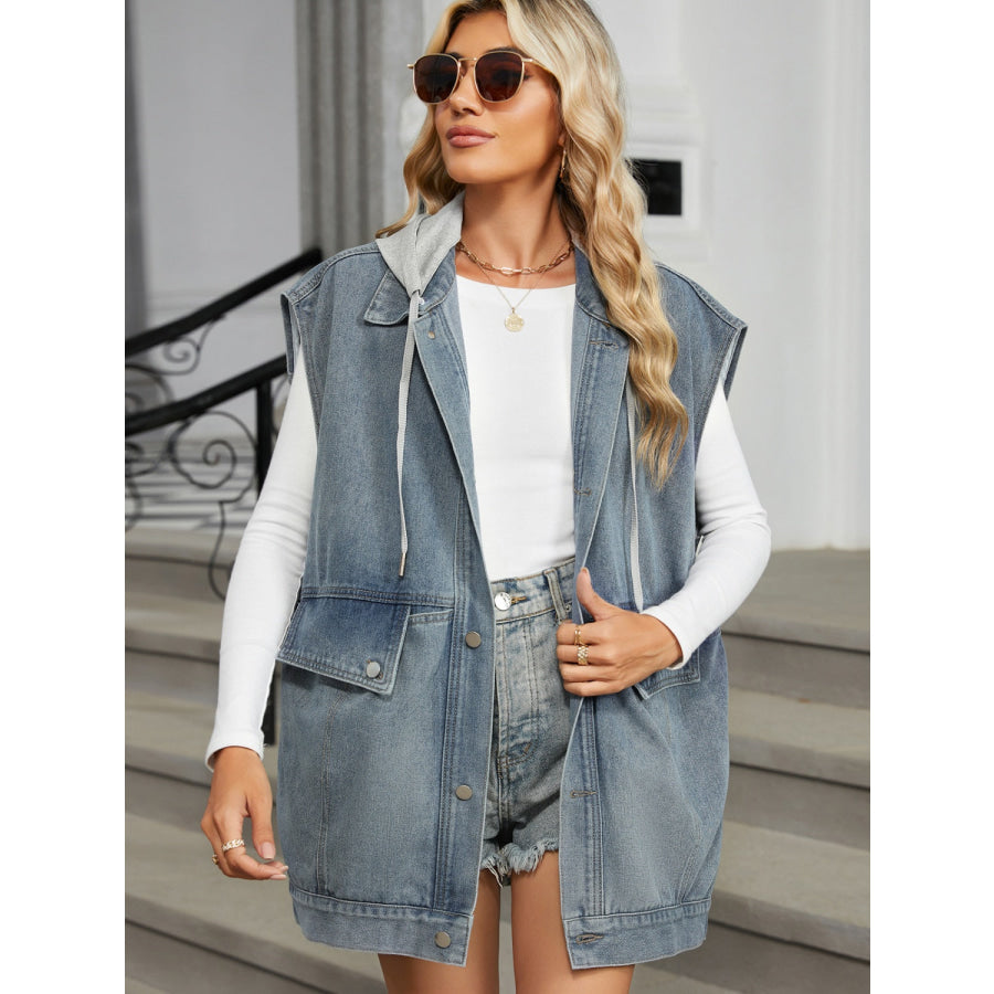 Removable Hood Button Up Cap Sleeve Denim Jacket Light / S Apparel and Accessories