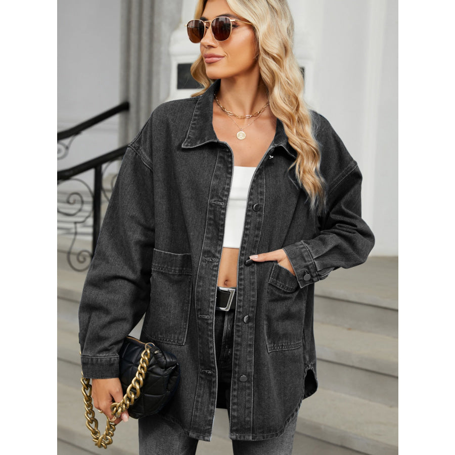 Removable Hood Button Up Long Sleeve Denim Jacket Apparel and Accessories