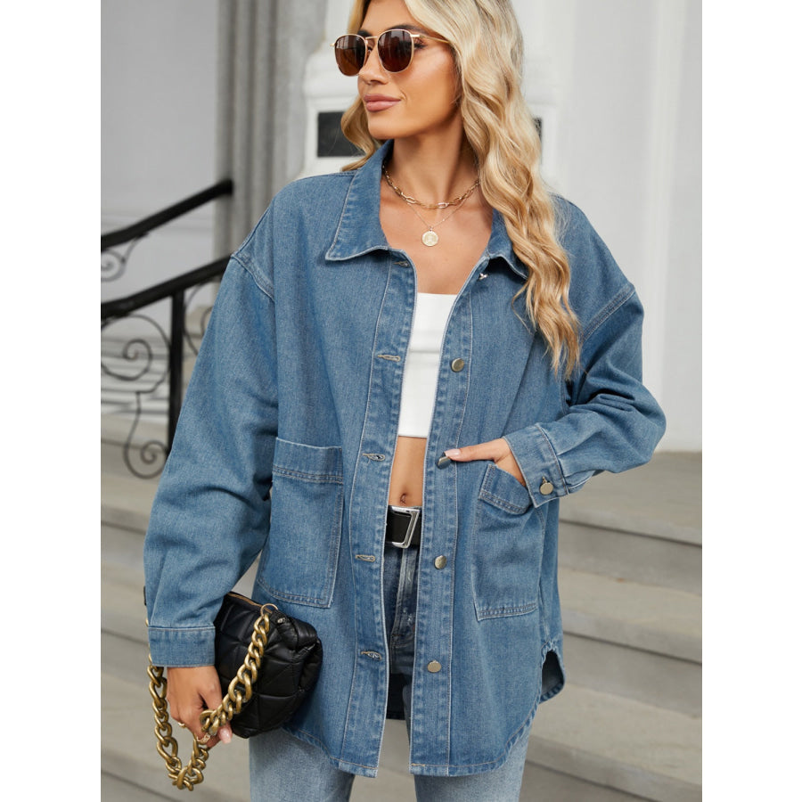 Removable Hood Button Up Long Sleeve Denim Jacket Apparel and Accessories