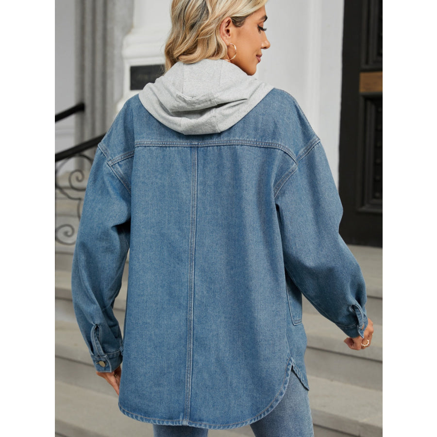 Removable Hood Button Up Long Sleeve Denim Jacket Apparel and Accessories