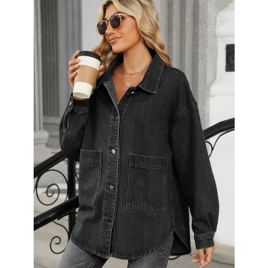 Removable Hood Button Up Long Sleeve Denim Jacket Apparel and Accessories