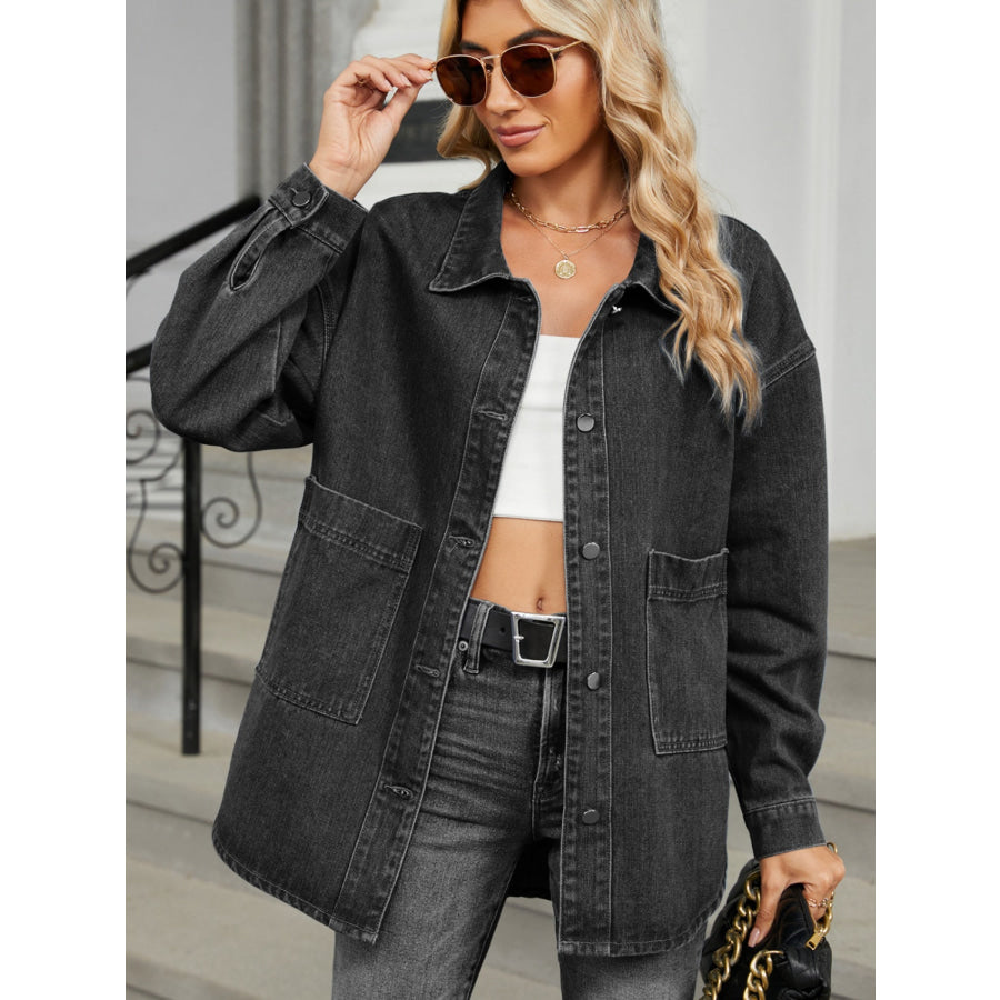 Removable Hood Button Up Long Sleeve Denim Jacket Black / S Apparel and Accessories