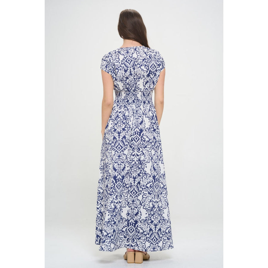 RENEE C Printed Smocked Waist Maxi Dress Navy / S Apparel and Accessories
