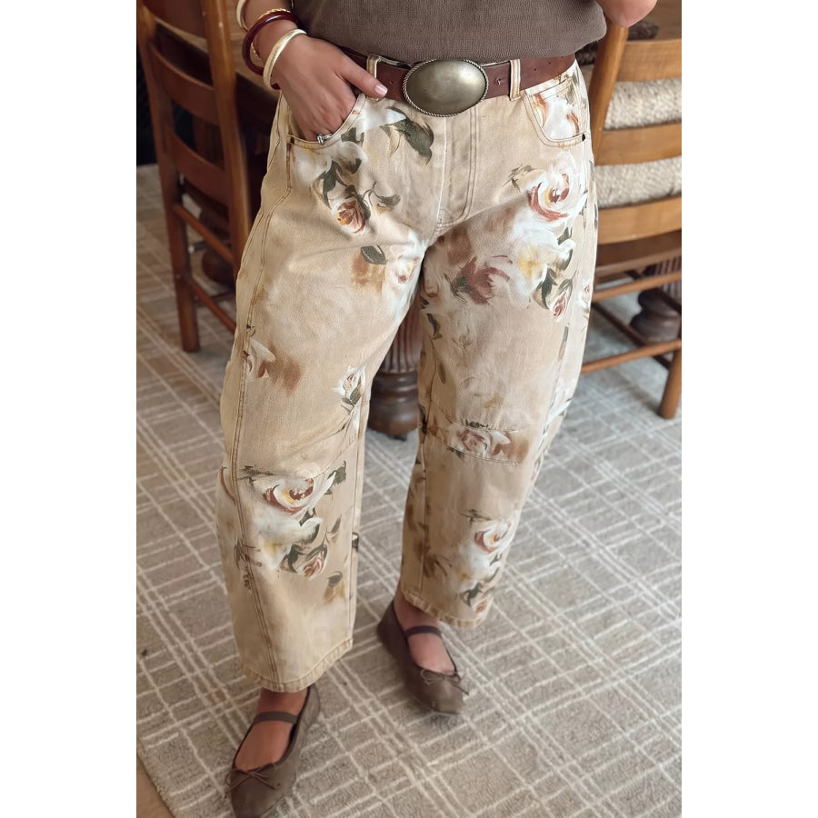 Retro Floral Print Relaxed Barrel Jeans Apparel and Accessories