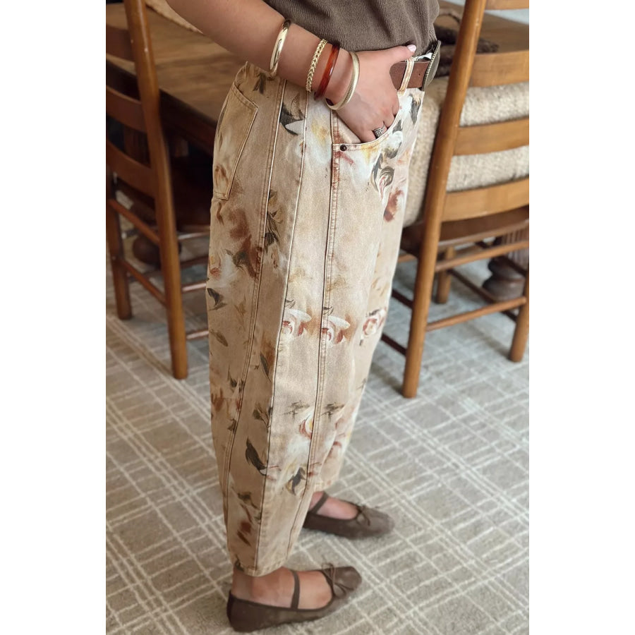 Retro Floral Print Relaxed Barrel Jeans Apparel and Accessories