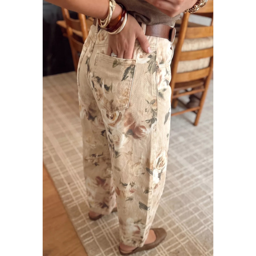 Retro Floral Print Relaxed Barrel Jeans Apparel and Accessories