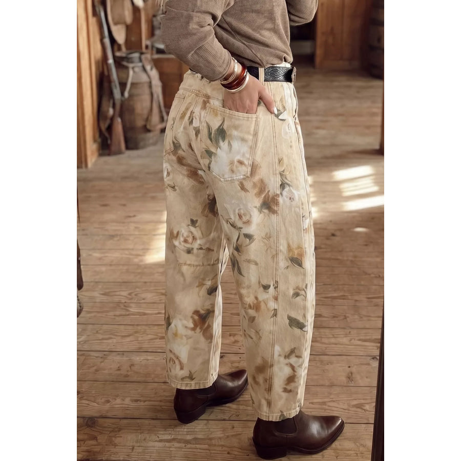 Retro Floral Print Relaxed Barrel Jeans Beige / 4 Apparel and Accessories