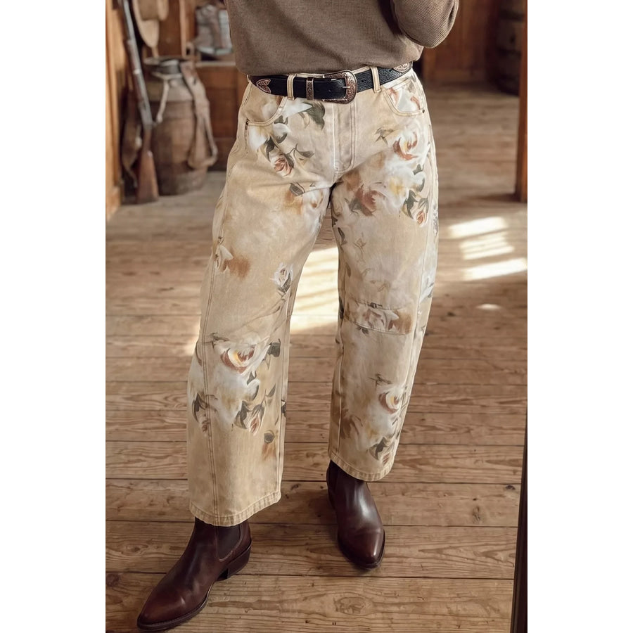 Retro Floral Print Relaxed Barrel Jeans Beige / 4 Apparel and Accessories
