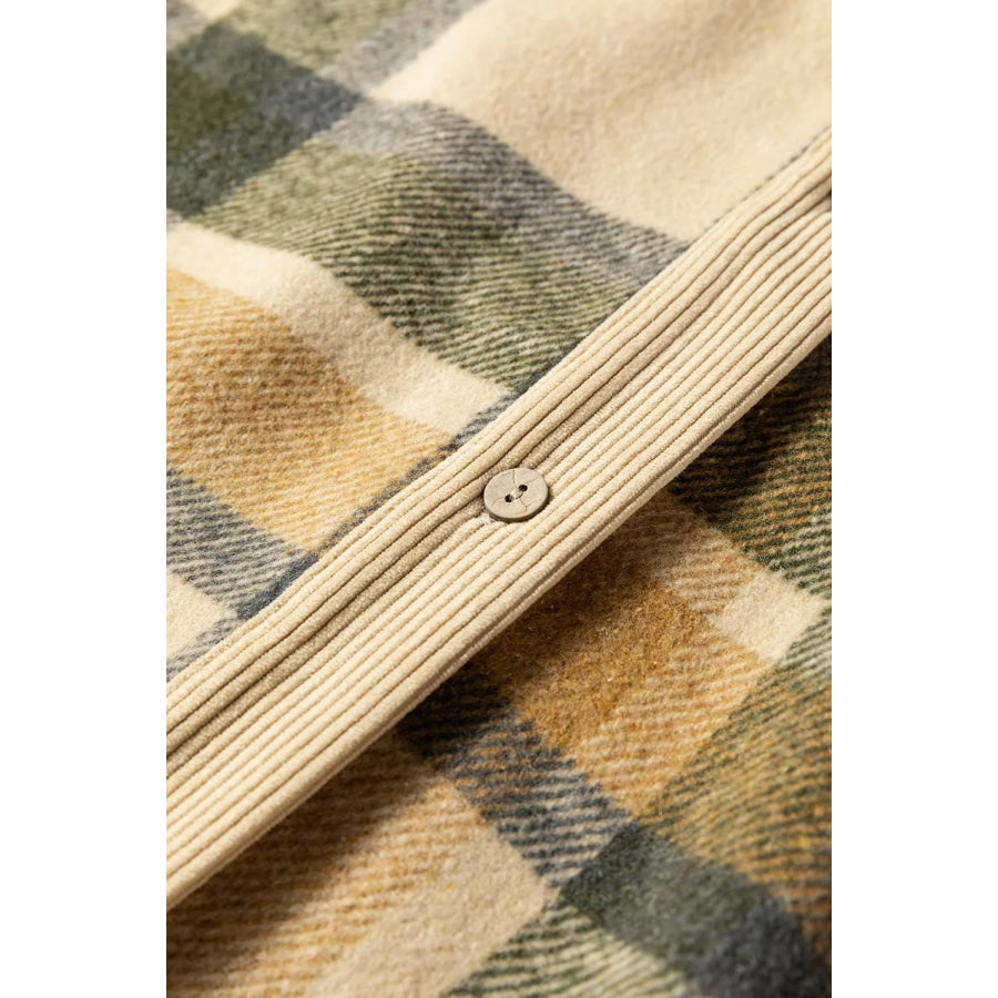 Retro Plaid Corduroy Patchwork Shacket Apparel and Accessories