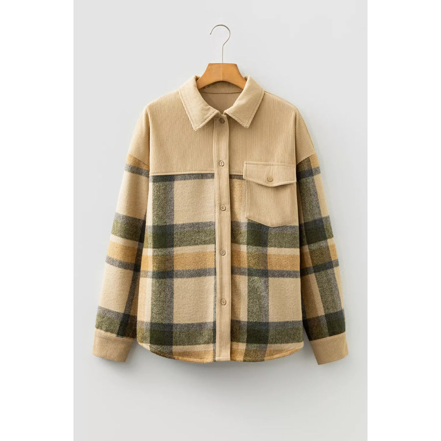 Retro Plaid Corduroy Patchwork Shacket Apparel and Accessories