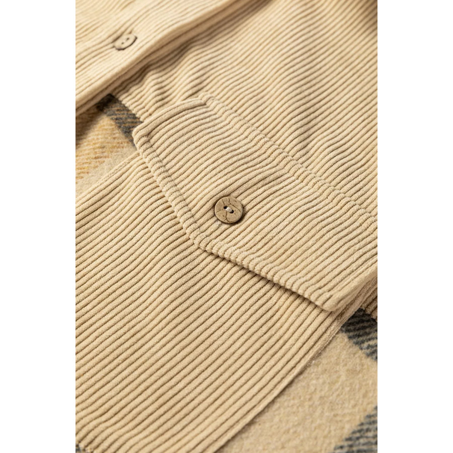 Retro Plaid Corduroy Patchwork Shacket Apparel and Accessories