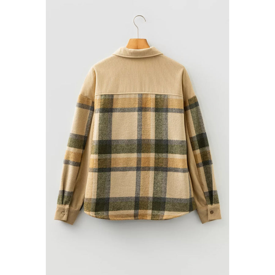 Retro Plaid Corduroy Patchwork Shacket Apparel and Accessories
