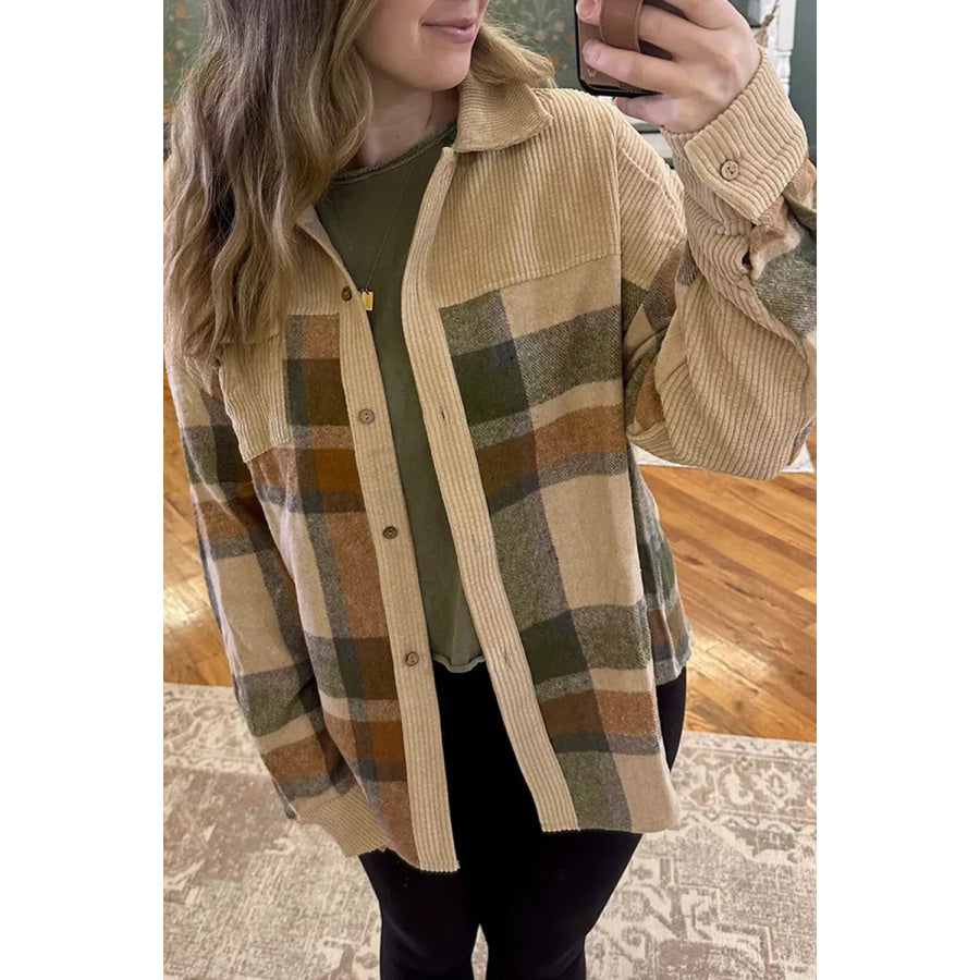 Retro Plaid Corduroy Patchwork Shacket Apparel and Accessories