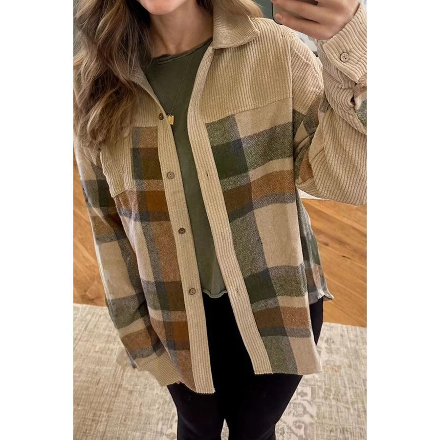 Retro Plaid Corduroy Patchwork Shacket Tan / S Apparel and Accessories