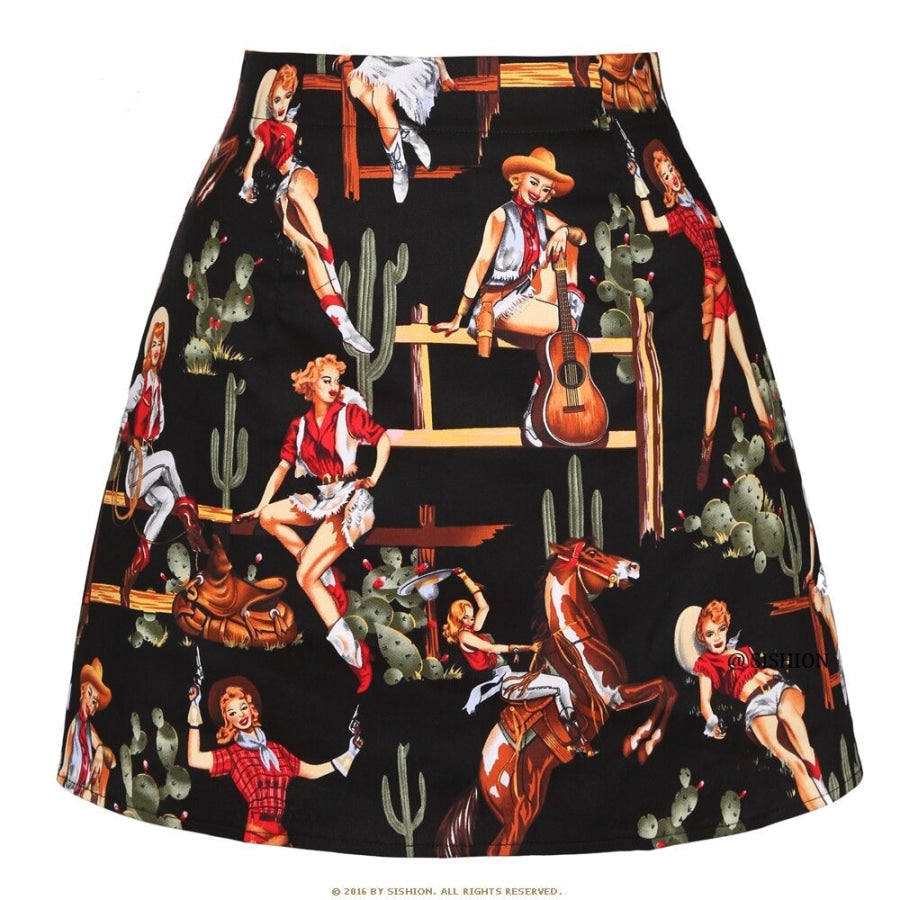 Retro Print Mini Skirt - Assorted Prints 08Black Cowgirl / S Skirts