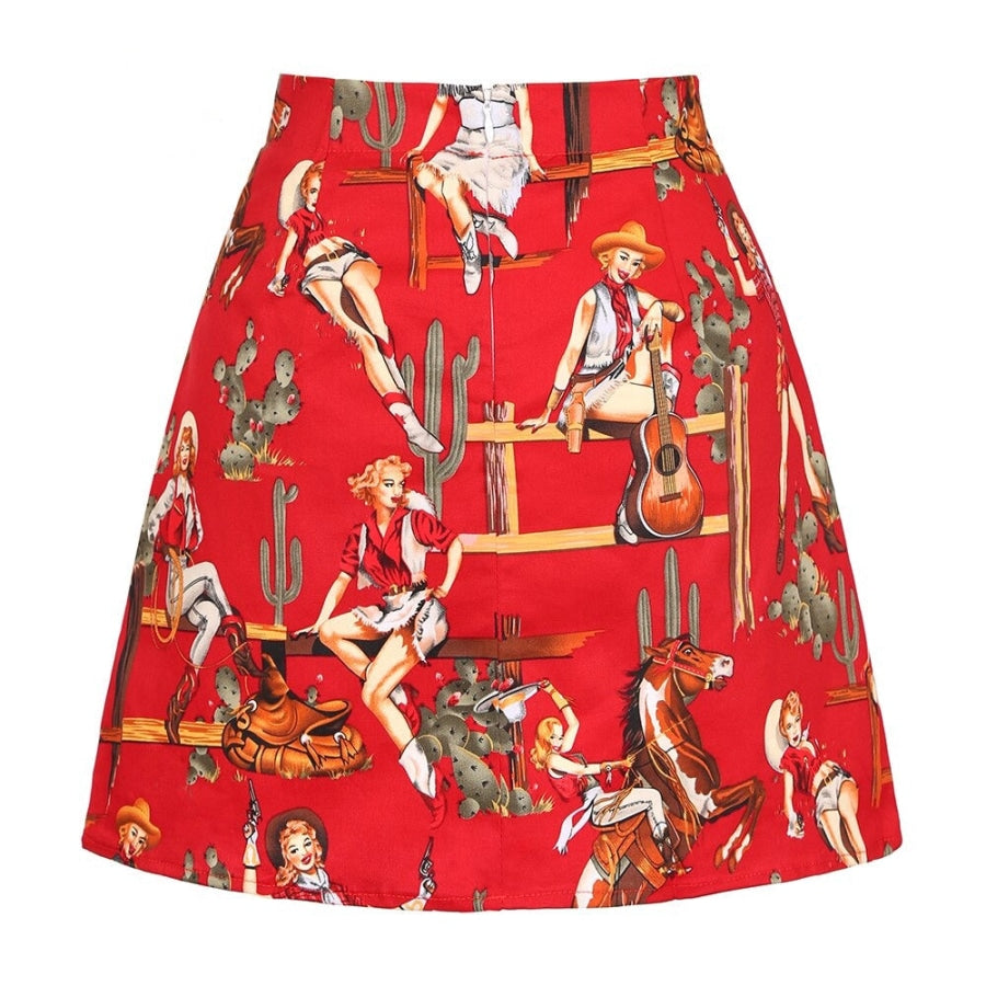 Retro Print Mini Skirt - Assorted Prints 08Red Cowgirl / S Skirts