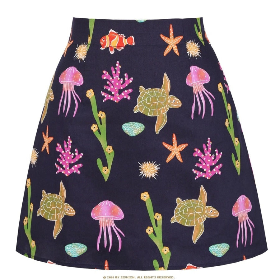 Retro Print Mini Skirt - Assorted Prints 08Turtle Starfish / S Skirts