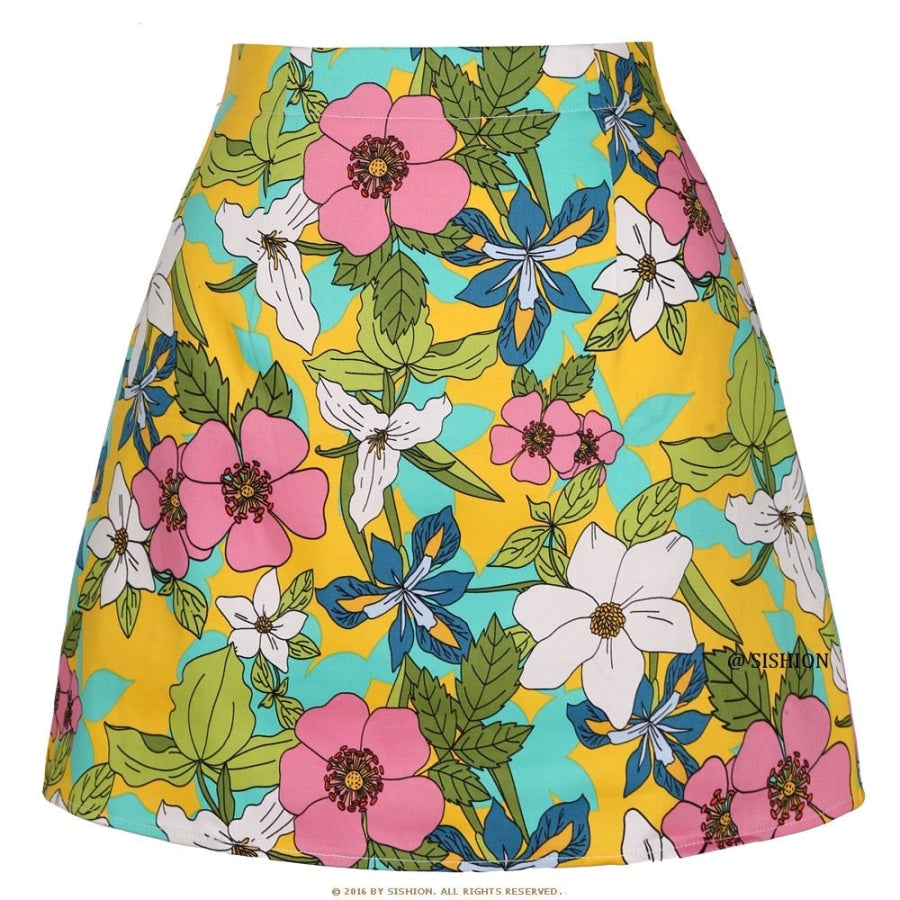 Retro Print Mini Skirt - Assorted Prints 08YellowGreenFloral / S Skirts