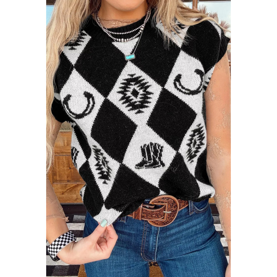 Retro Rhombus Western Print Drop Shoulder Short Sleeve Sweater Apparel and Accessories