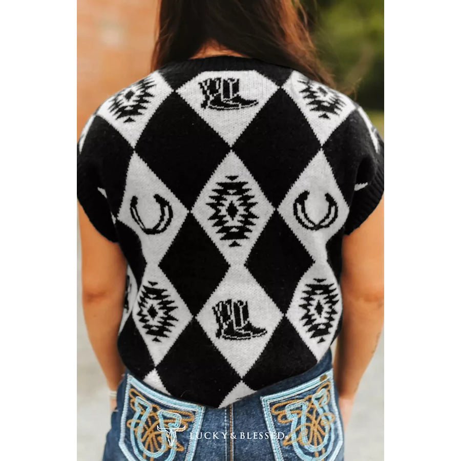 Retro Rhombus Western Print Drop Shoulder Short Sleeve Sweater Apparel and Accessories