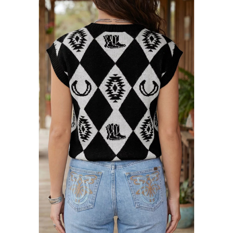 Retro Rhombus Western Print Drop Shoulder Short Sleeve Sweater Apparel and Accessories