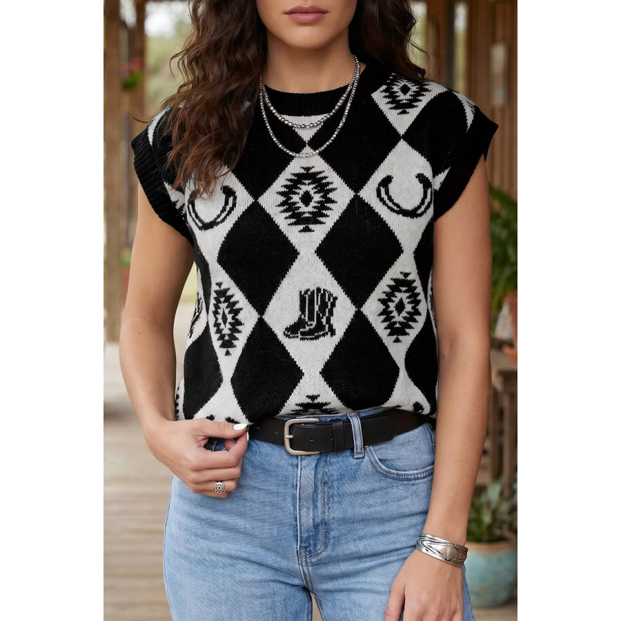 Retro Rhombus Western Print Drop Shoulder Short Sleeve Sweater Black / S Apparel and Accessories