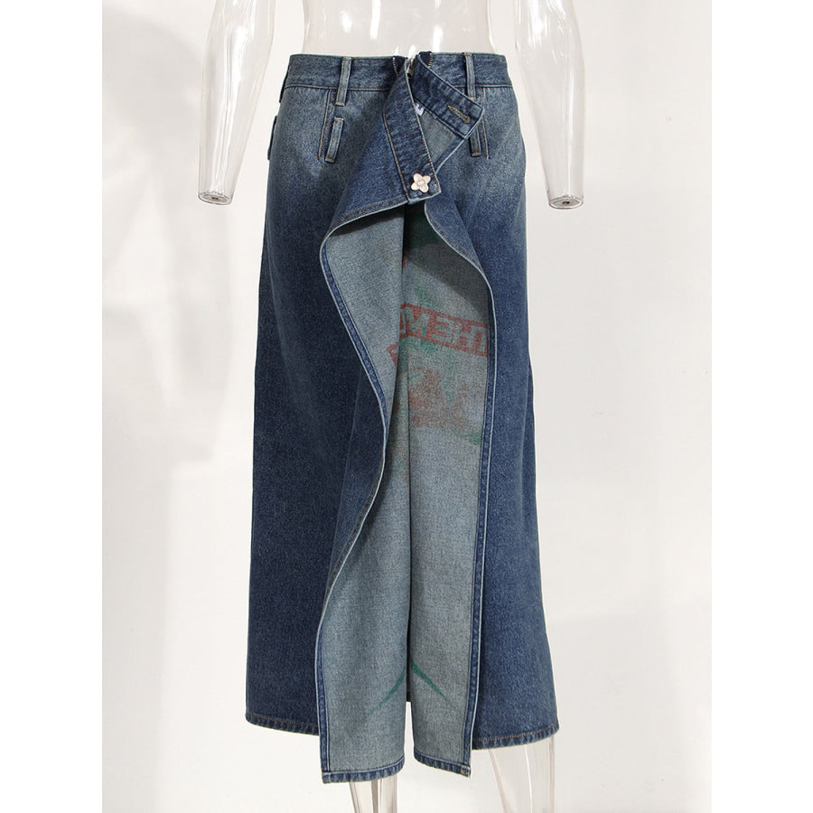 Reversible Slit Printed Midi Denim Skirt Apparel and Accessories