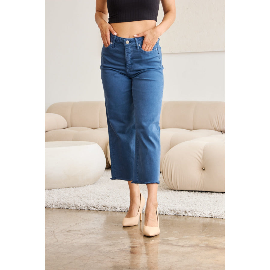 RFM Crop Chloe Full Size Tummy Control High Waist Raw Hem Jeans Apparel and Accessories