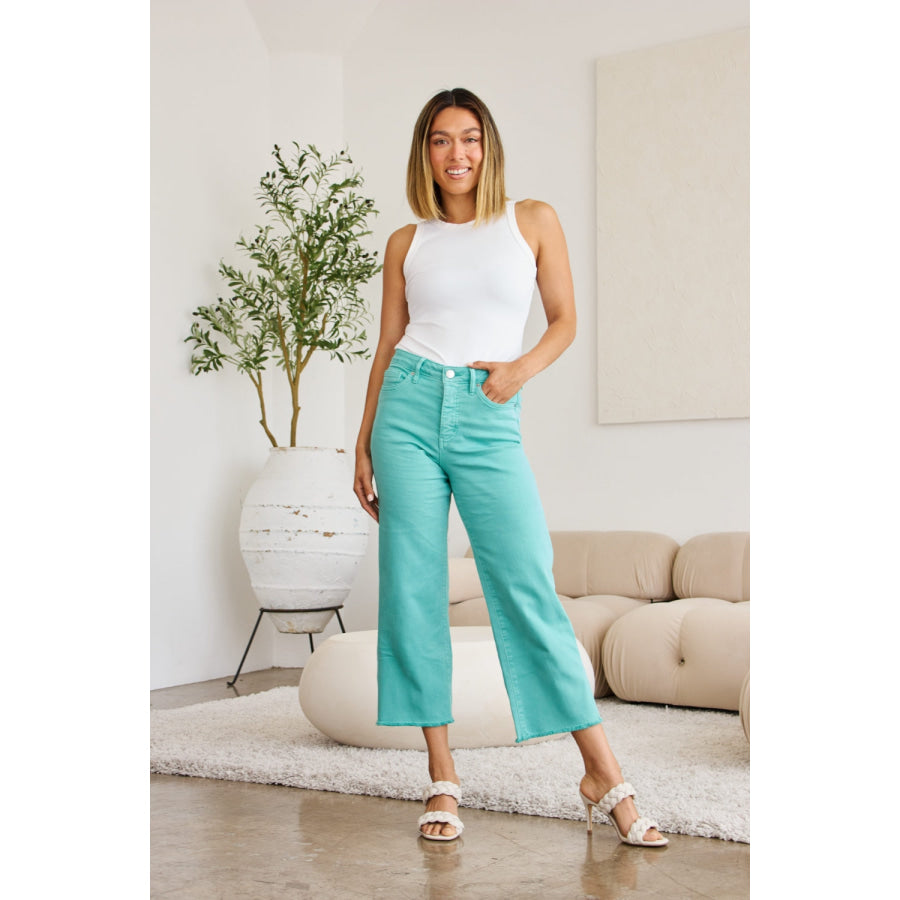 RFM Crop Chloe Full Size Tummy Control High Waist Raw Hem Jeans Island Green / 23 Apparel and Accessories