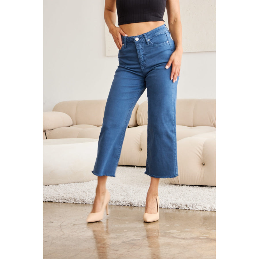 RFM Crop Chloe Full Size Tummy Control High Waist Raw Hem Jeans Apparel and Accessories