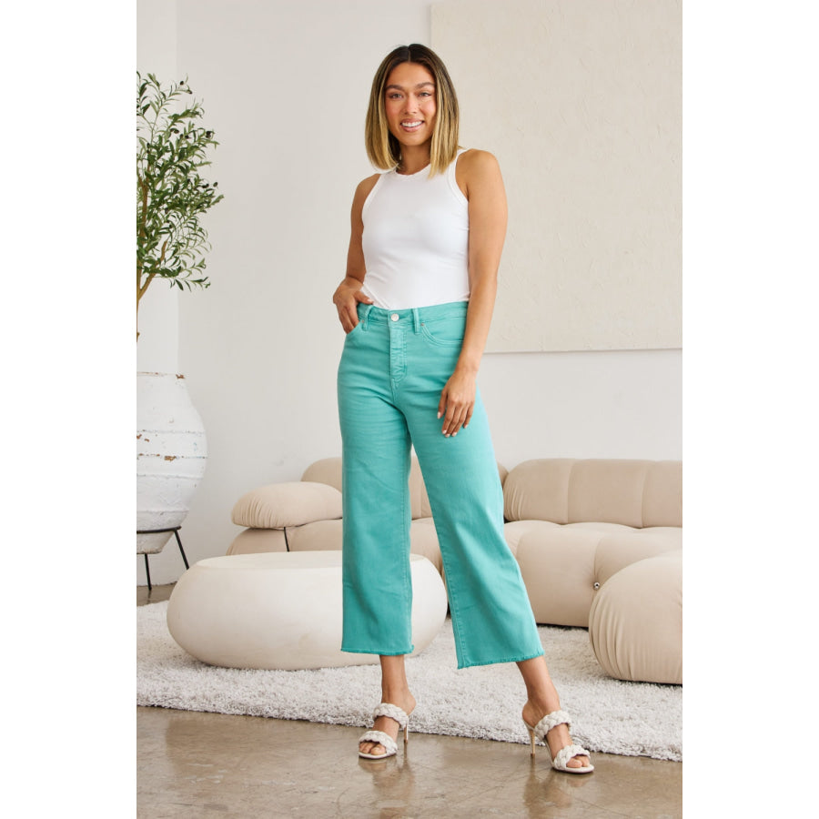 RFM Crop Chloe Full Size Tummy Control High Waist Raw Hem Jeans Island Green / 23 Apparel and Accessories