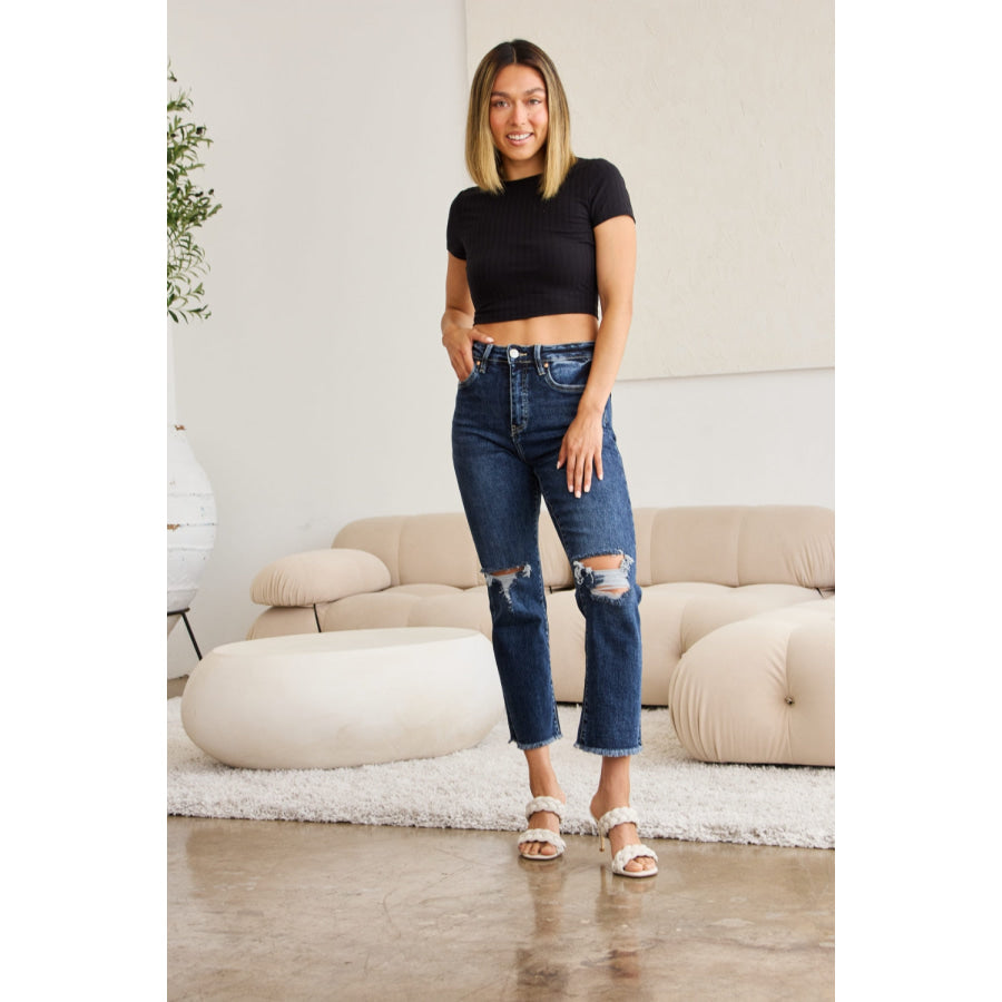 RFM Crop Dylan Full Size Tummy Control Distressed High Waist Raw Hem Jeans Apparel and Accessories