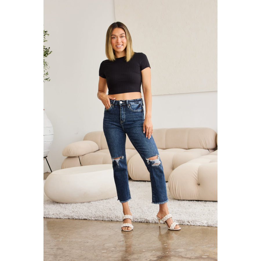 RFM Crop Dylan Full Size Tummy Control Distressed High Waist Raw Hem Jeans Apparel and Accessories