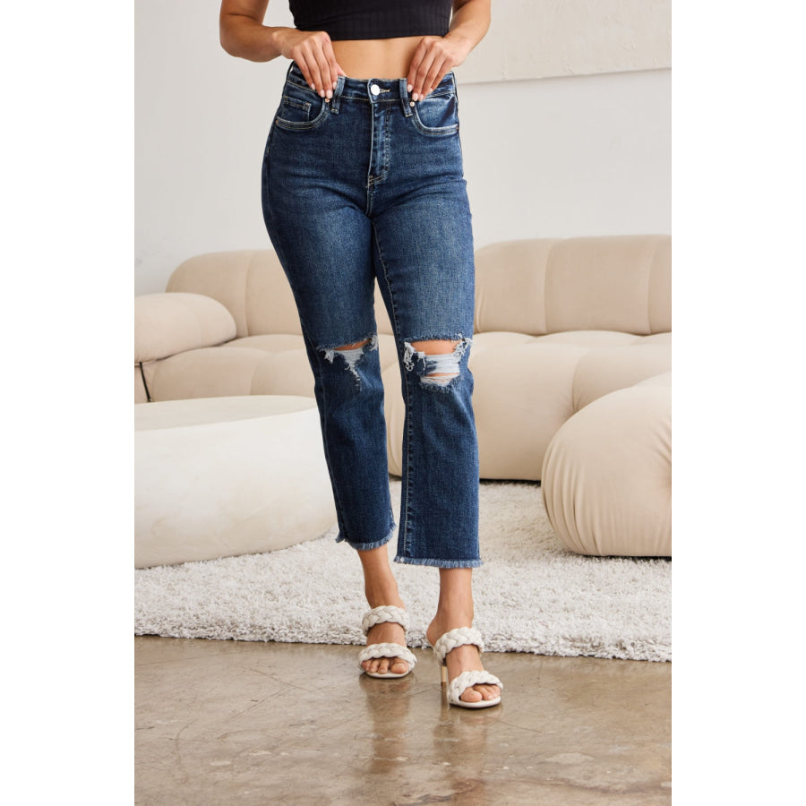 RFM Crop Dylan Full Size Tummy Control Distressed High Waist Raw Hem Jeans Apparel and Accessories