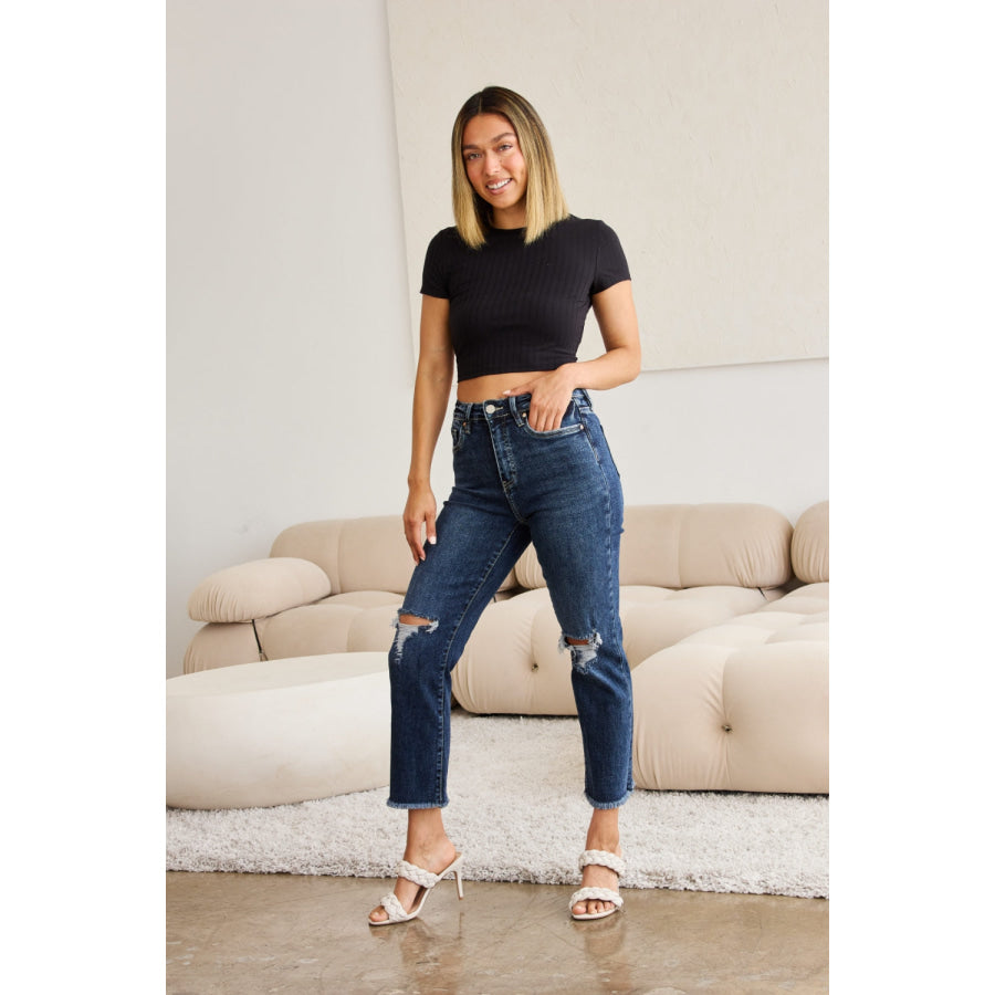 RFM Crop Dylan Full Size Tummy Control Distressed High Waist Raw Hem Jeans Apparel and Accessories