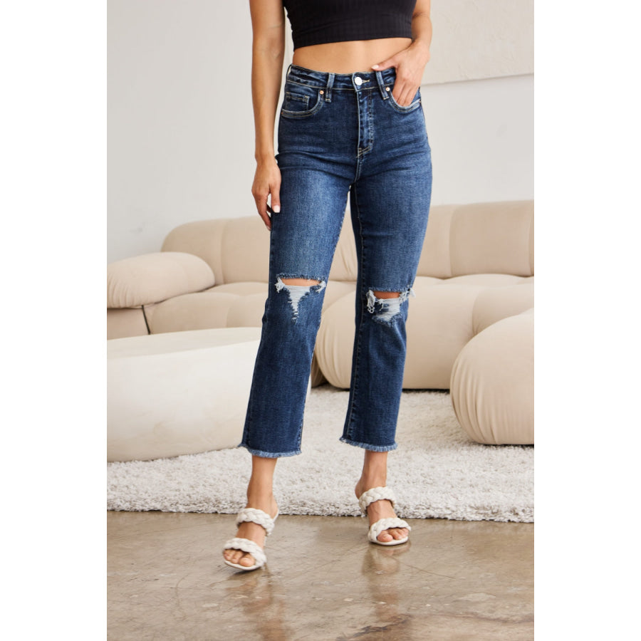 RFM Crop Dylan Full Size Tummy Control Distressed High Waist Raw Hem Jeans Apparel and Accessories