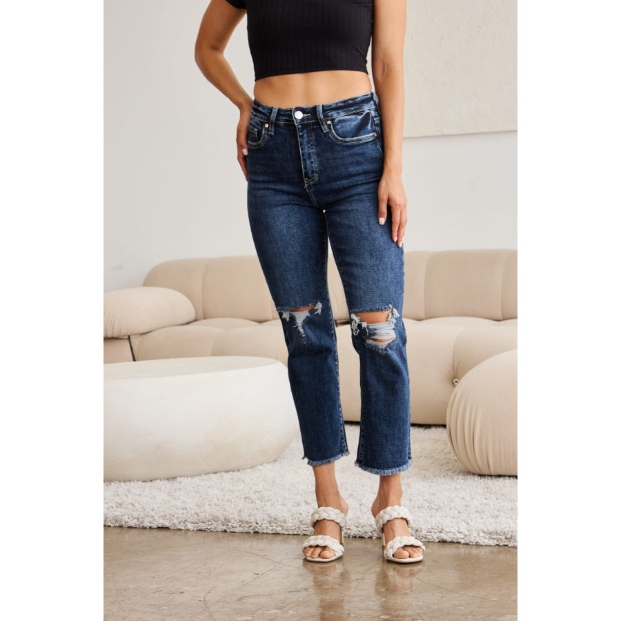 RFM Crop Dylan Full Size Tummy Control Distressed High Waist Raw Hem Jeans Apparel and Accessories