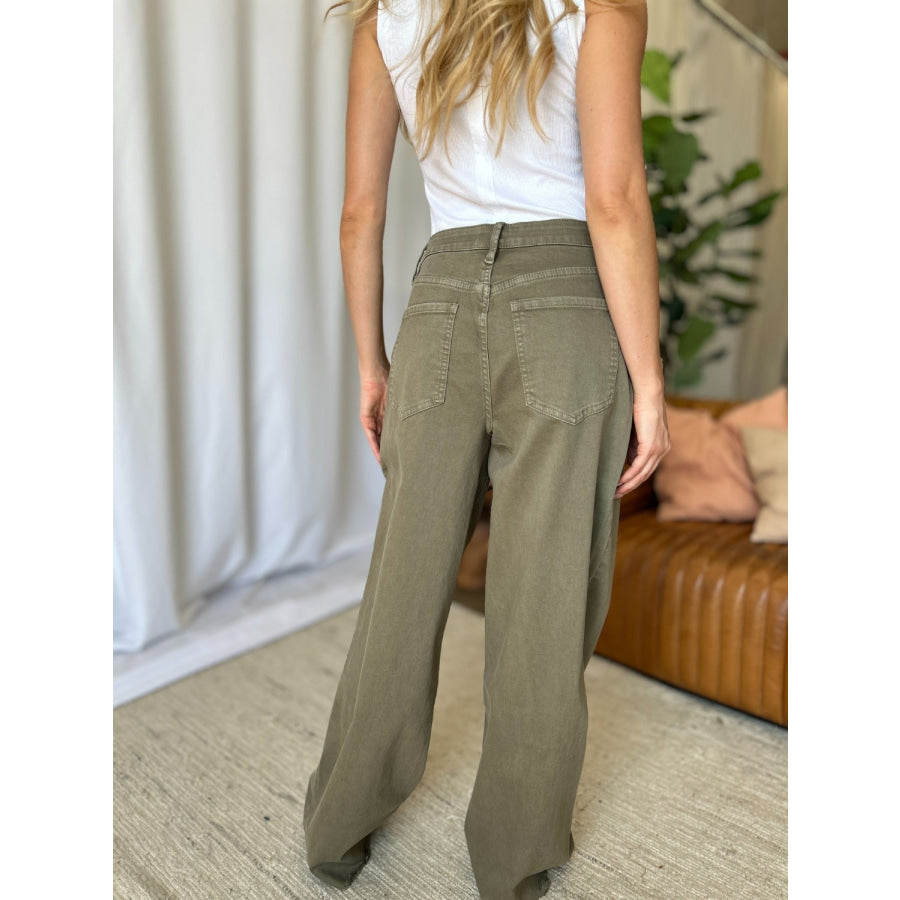 RFM Full Size High Rise Garment Dye Wide Leg Jeans Sage / 00 Apparel and Accessories