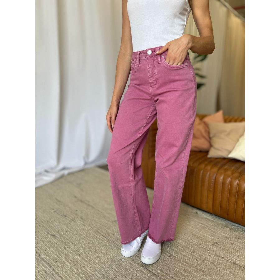 RFM Full Size High Rise Garment Dye Wide Leg Jeans Apparel and Accessories