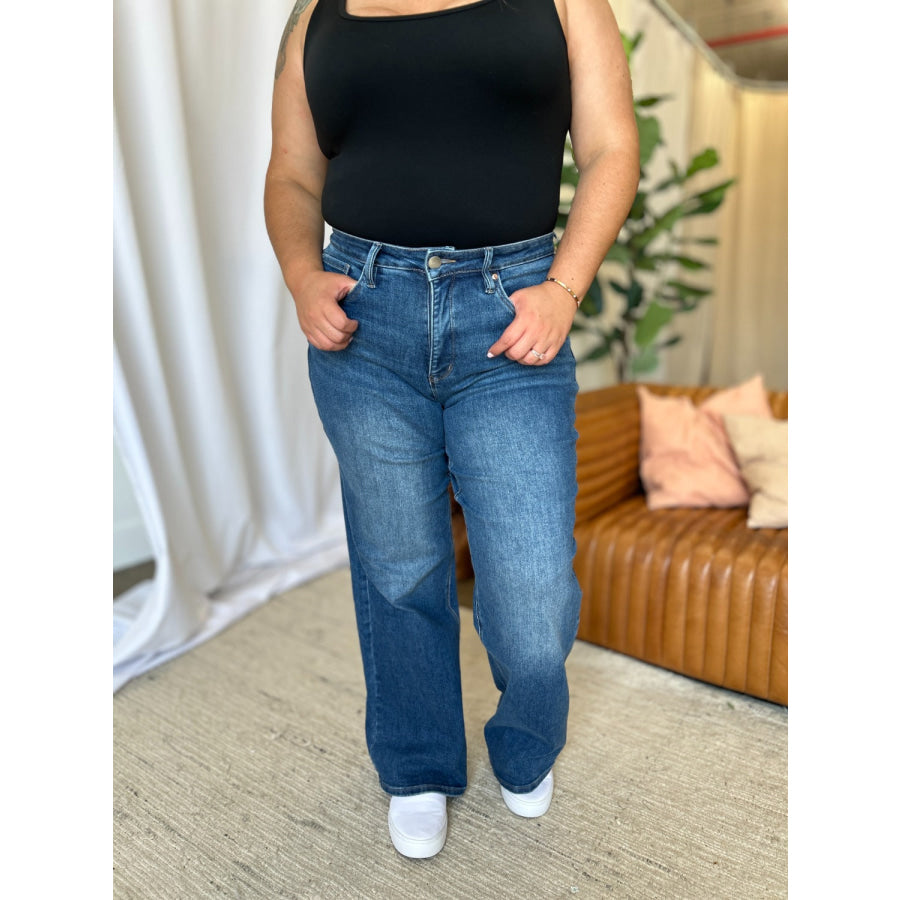 RFM Full Size High Rise Tummy Control Wide Leg Jeans Apparel and Accessories