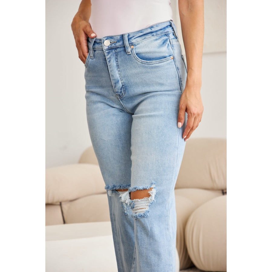 RFM Full Size Tummy Control High Waist Raw Hem Distressed Jeans Apparel and Accessories