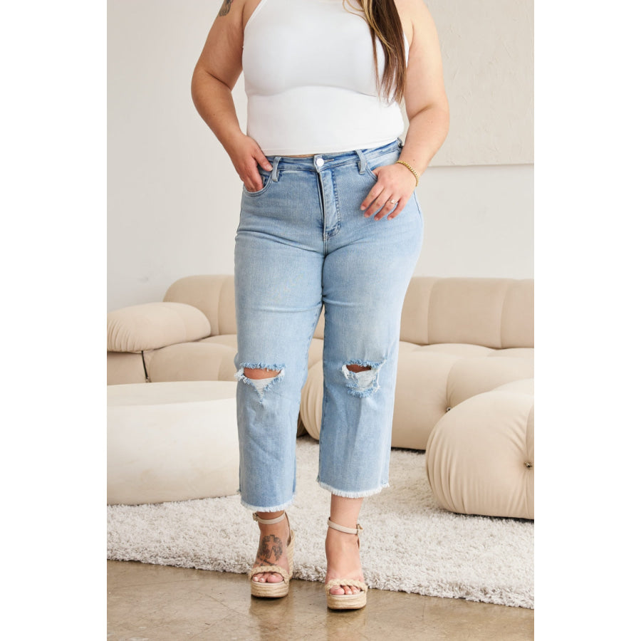 RFM Full Size Tummy Control High Waist Raw Hem Distressed Jeans Apparel and Accessories