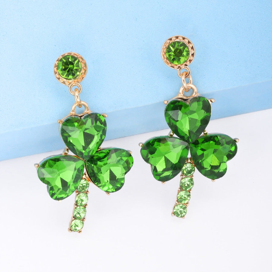 Rhinestone Alloy Lucky Clover Dangle Earrings Mid Green / One Size Apparel and Accessories