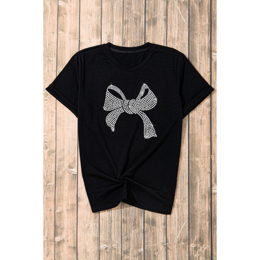 Rhinestone Bow Graphic Round Neck Short Sleeve T-Shirt Apparel and Accessories