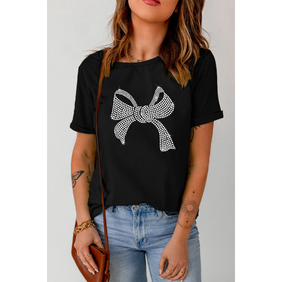 Rhinestone Bow Graphic Round Neck Short Sleeve T-Shirt Black / S Apparel and Accessories